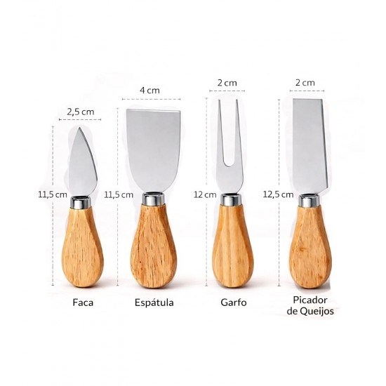 Jogo 4 Utensílios Para Queijo Cabo Em Bambu